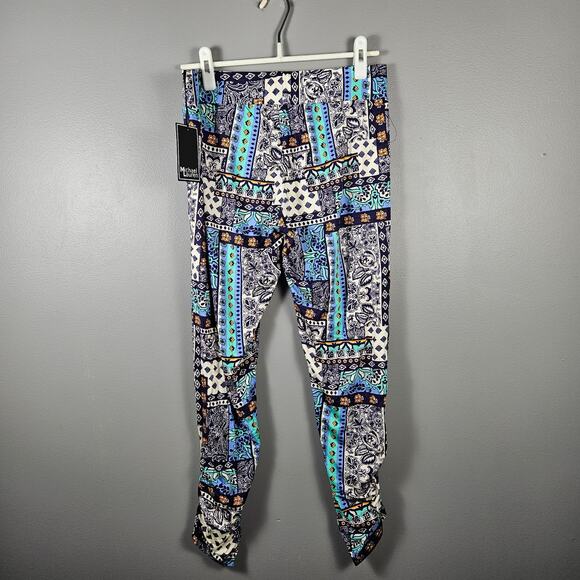 Michael Lauren Pablo Pants S Blue Patchwork Shirred Stretch Rayon Spandex NWT - Picture 2 of 8